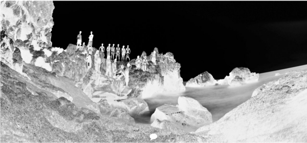 Felsen und Menschen, weiss/ siebenhaar